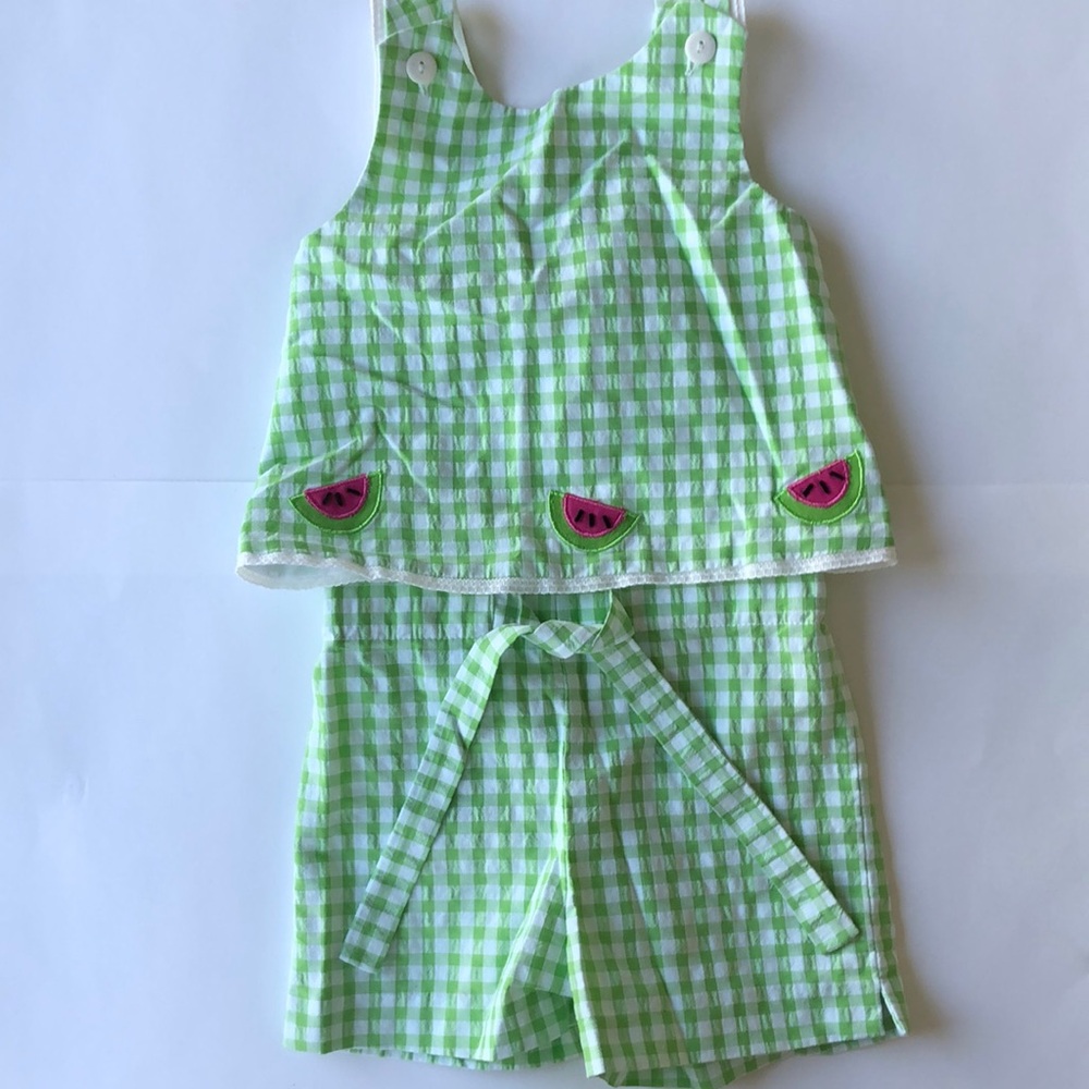 Florence Eiseman Green Gingham Watermelon Embellishment Matching Set Size 3T